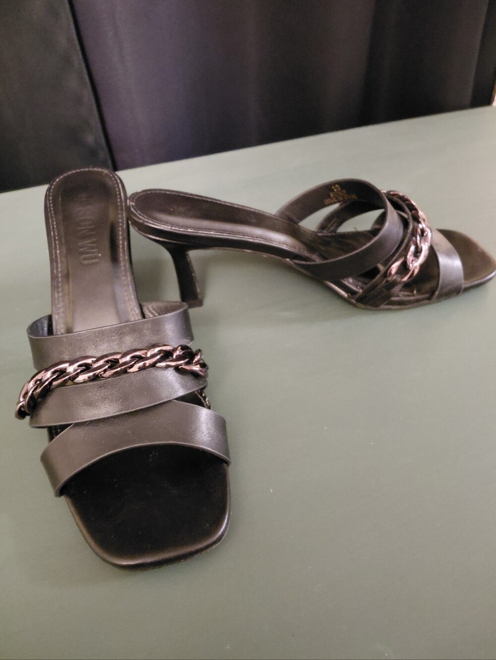 Jason Wu Black Leather Chain-Trim Slide Heel Sandals